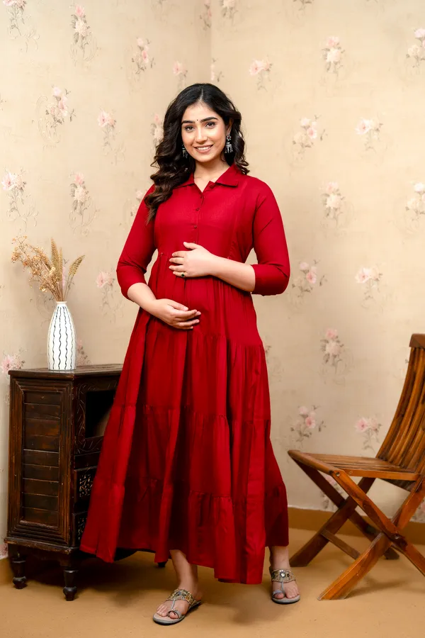 Trendy_Women's_Maroon_Shirt_Collar_Maternity_&_Nursing_Solid_4_Tyer_Dress