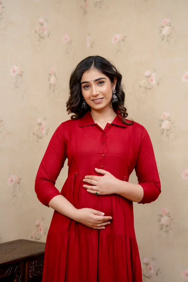 Trendy_Women's_Maroon_Shirt_Collar_Maternity_&_Nursing_Solid_4_Tyer_Dress