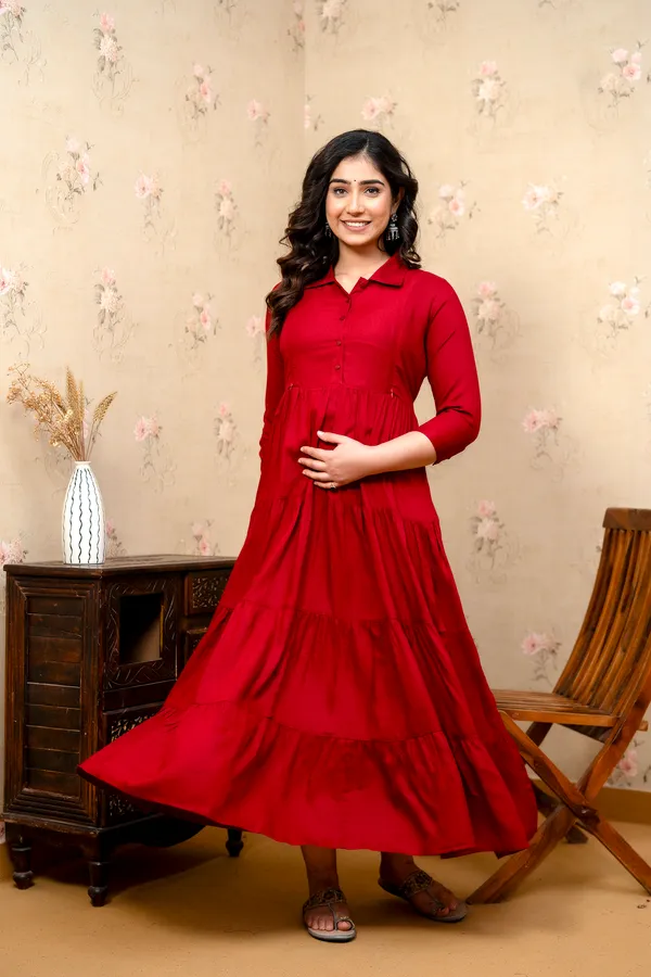 Trendy_Women's_Maroon_Shirt_Collar_Maternity_&_Nursing_Solid_4_Tyer_Dress