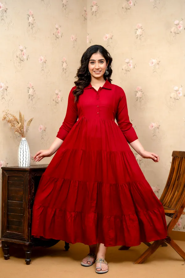 Trendy_Women's_Maroon_Shirt_Collar_Maternity_&_Nursing_Solid_4_Tyer_Dress