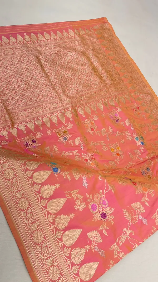 Humairah_Pure_Silk_Handloom_Unveils_Peach_Ektara_Dhoop_Chav_Katan_Silk_Kadhua_Minakari_Floral_Jangla_Jaal_with_Peach_Stripe_Blouse_Saree