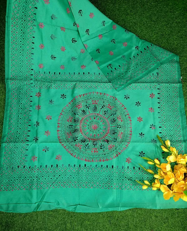 Turquoise_Art_Silk_Kantha_Stitch_Handloom_Saree_With_Blouse_Piece