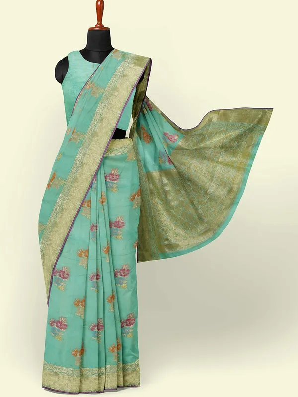 Sea_Green_Cotton_Silk_Banarasi_Sarees_For_Women