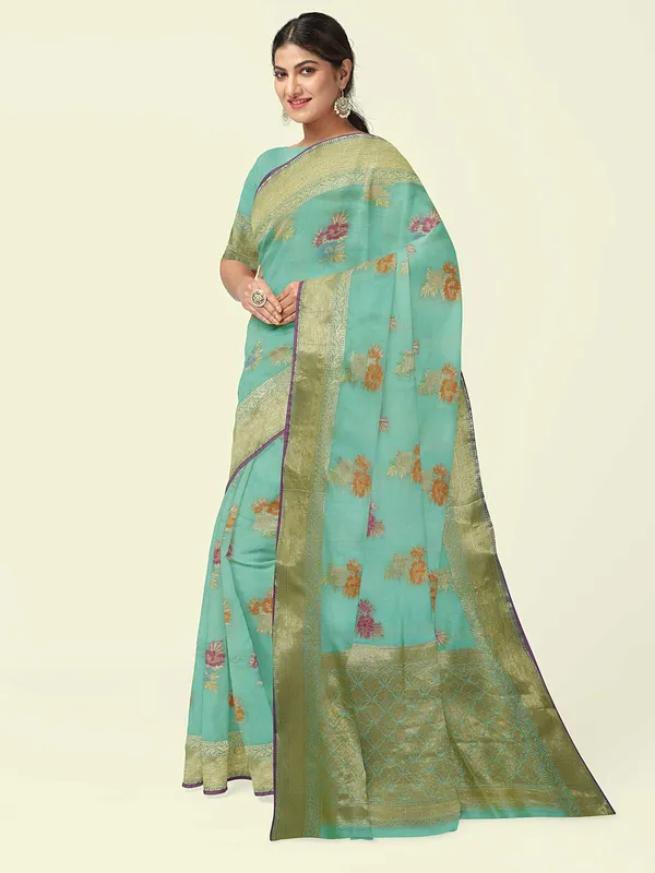 Sea_Green_Cotton_Silk_Banarasi_Sarees_For_Women