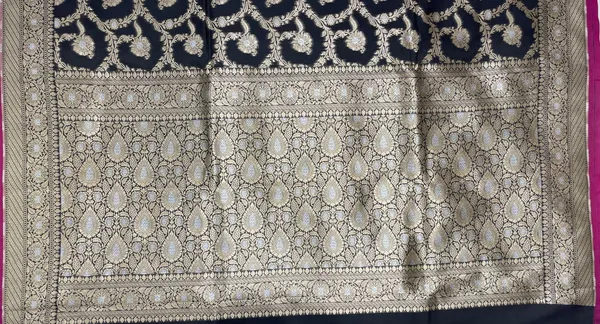 Humairah_Presents_Black_Katan_Silk_Floral_Tilfi_Zari_Mina_Jaal_with_Leaf_Pattern_Silver_Mina_Pallu_Zari_Border_and_Black_Blouse