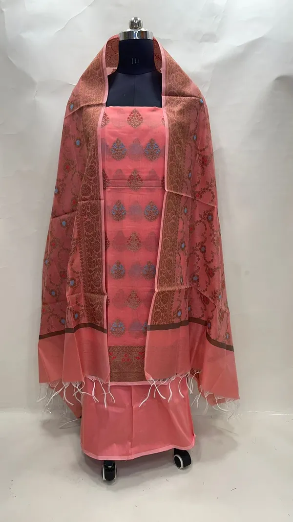 Humairah_Present_Peach_Cotton_Resham_Copper_Zari_3pcs_Suit_Set_accompanied_with_Plain_Bottom_and_Top_Mina_Resham_Boota_with_Peach_Jaal_Dupatta