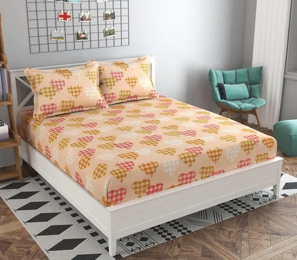 220TC_Premium_Elastic_Fitted_100%_Cotton_Feel_Printed_King_Size_Double_Bed_Bedsheet_with_2_Pillow_Cover_(72"x78"_Upto_6"_Mattress)_Peach_Hearts
