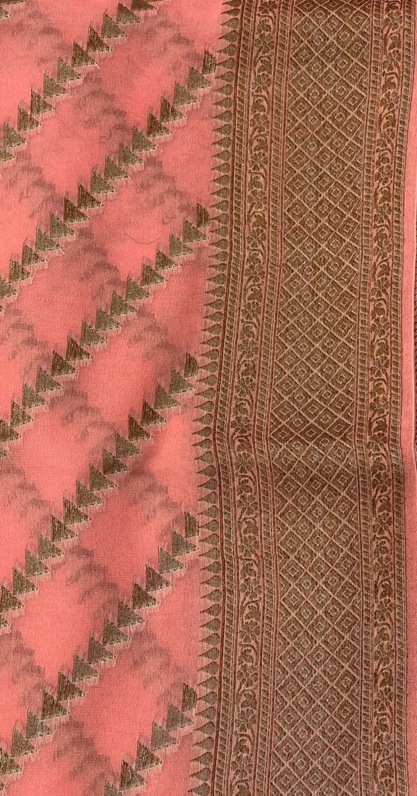 Humairah_Presents_Pure_Handwoven_Peach_Chiffon_Diagonal_Stripe_Copper_Zari_with_Banarasi_Zari_Border_Pallu_and_Peach_Blouse