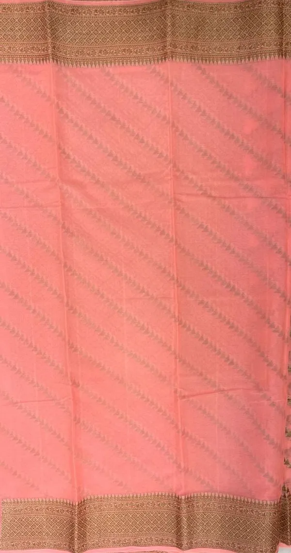Humairah_Presents_Pure_Handwoven_Peach_Chiffon_Diagonal_Stripe_Copper_Zari_with_Banarasi_Zari_Border_Pallu_and_Peach_Blouse