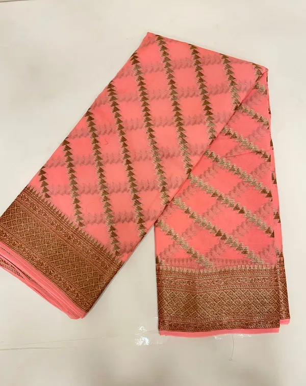 Humairah_Presents_Pure_Handwoven_Peach_Chiffon_Diagonal_Stripe_Copper_Zari_with_Banarasi_Zari_Border_Pallu_and_Peach_Blouse