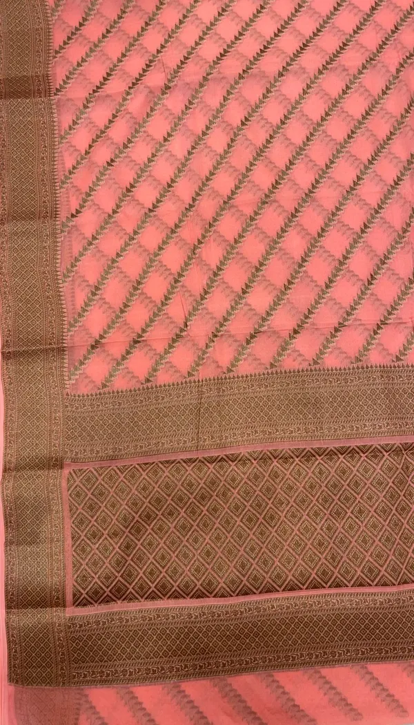 Humairah_Presents_Pure_Handwoven_Peach_Chiffon_Diagonal_Stripe_Copper_Zari_with_Banarasi_Zari_Border_Pallu_and_Peach_Blouse
