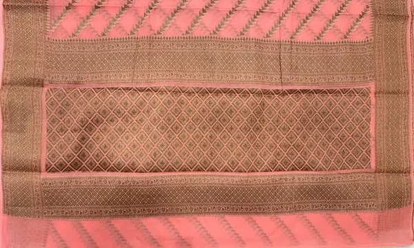 Humairah_Presents_Pure_Handwoven_Peach_Chiffon_Diagonal_Stripe_Copper_Zari_with_Banarasi_Zari_Border_Pallu_and_Peach_Blouse