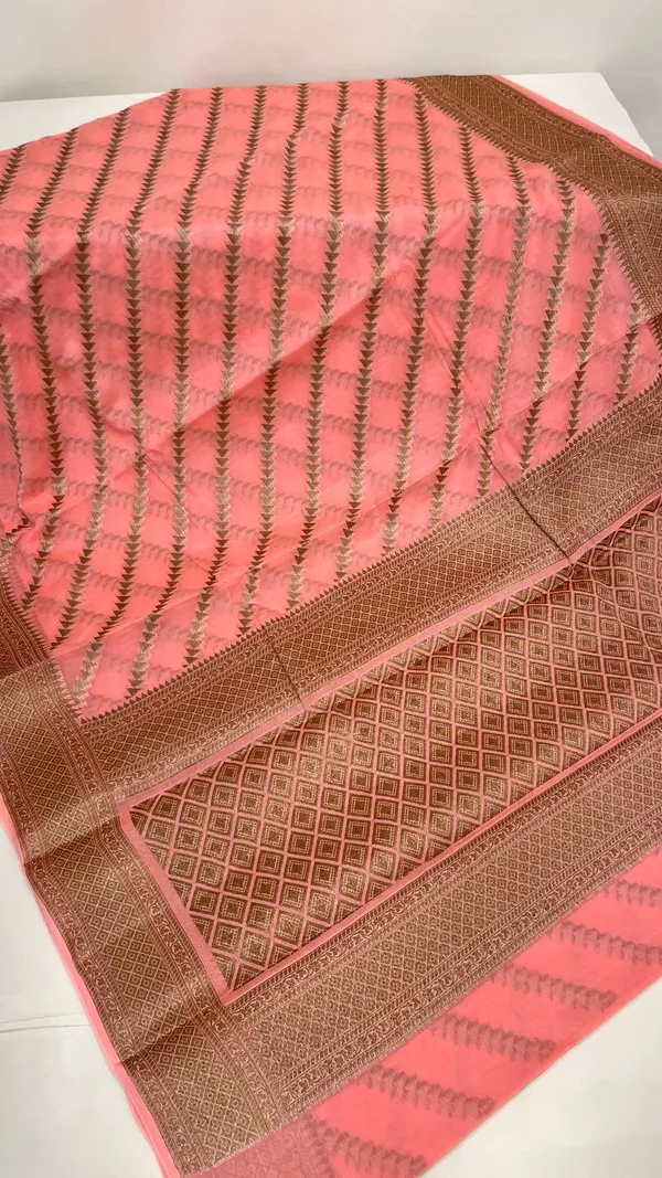 Humairah_Presents_Pure_Handwoven_Peach_Chiffon_Diagonal_Stripe_Copper_Zari_with_Banarasi_Zari_Border_Pallu_and_Peach_Blouse