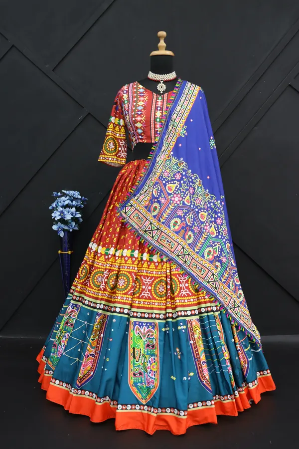 Light_Brown_Light_Brown_Lehenga_Choli_With_Mirror_Work_And_Attached_Blue_Dupatta