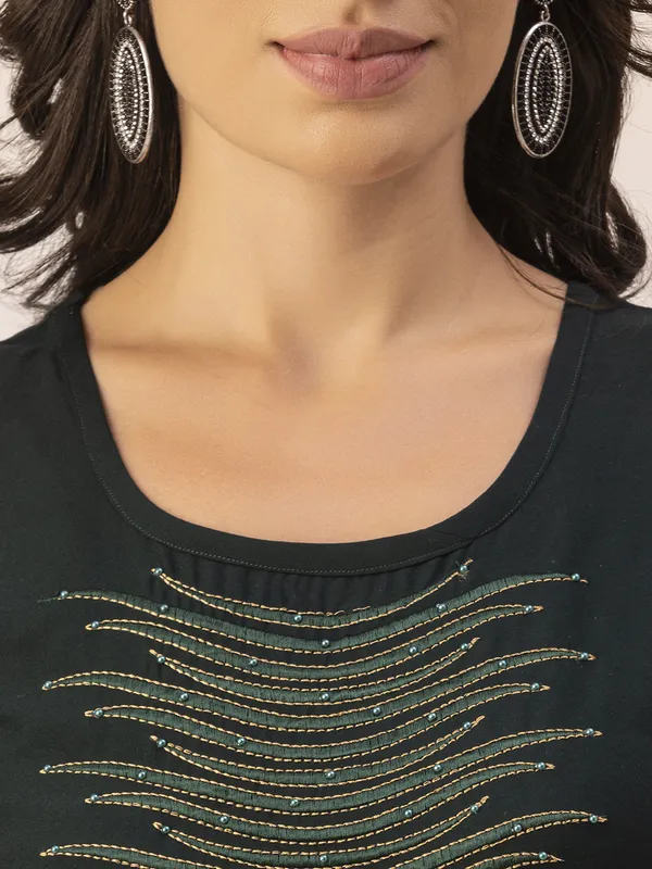 Dark_Green_Rayon_Women_Kurta,_Stylish_Embroidery_&_Pearl_Hand_work
