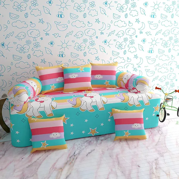 210TC_Microfiber_Unique_Animal_Cartoons_Diwan_Set_of_8pcs_-_Single_Flat_Bedsheet_with_2_Bolster_Covers_and_5_Cushion_Covers_-_Multicolor_Stripes_Unicorn_-_60x90_inches