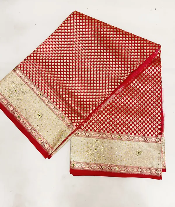 Humairah_Presents_Red_Satin_Silk_Stone_Work_Golden_Zari_Chunri_Booti_with_Banarasi_Zari_Border_and_Red_Blouse