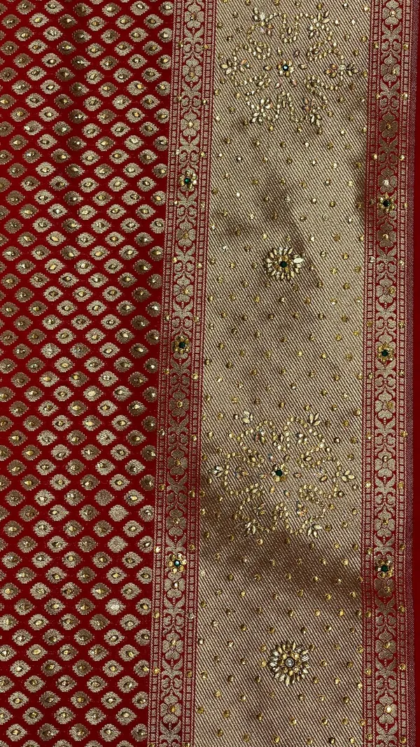 Humairah_Presents_Red_Satin_Silk_Stone_Work_Golden_Zari_Chunri_Booti_with_Banarasi_Zari_Border_and_Red_Blouse