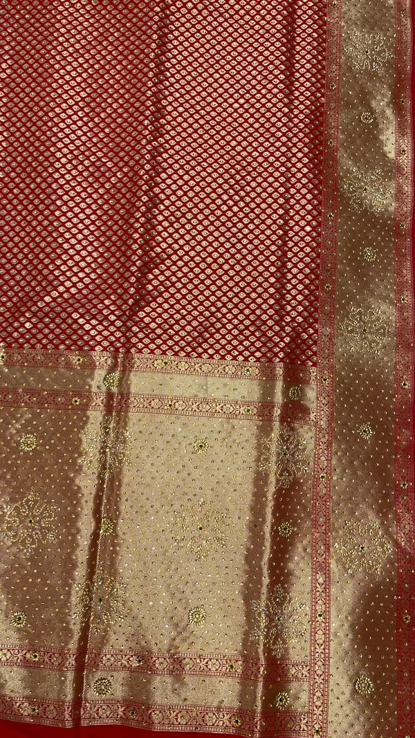 Humairah_Presents_Red_Satin_Silk_Stone_Work_Golden_Zari_Chunri_Booti_with_Banarasi_Zari_Border_and_Red_Blouse