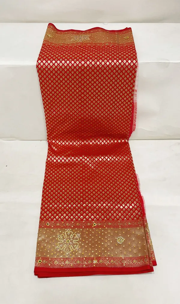 Humairah_Presents_Red_Satin_Silk_Stone_Work_Golden_Zari_Chunri_Booti_with_Banarasi_Zari_Border_and_Red_Blouse