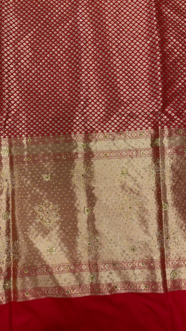 Humairah_Presents_Red_Satin_Silk_Stone_Work_Golden_Zari_Chunri_Booti_with_Banarasi_Zari_Border_and_Red_Blouse