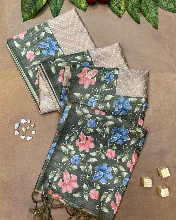 Maryam_Mehendi_Green_&_Cream_–_Zari_Line_Festive_Season_Special_|_Soft_Tussar_Silk_Saree_with_Print,_Zari_Line_Saree_&_Print_Blouse_with_Tassels