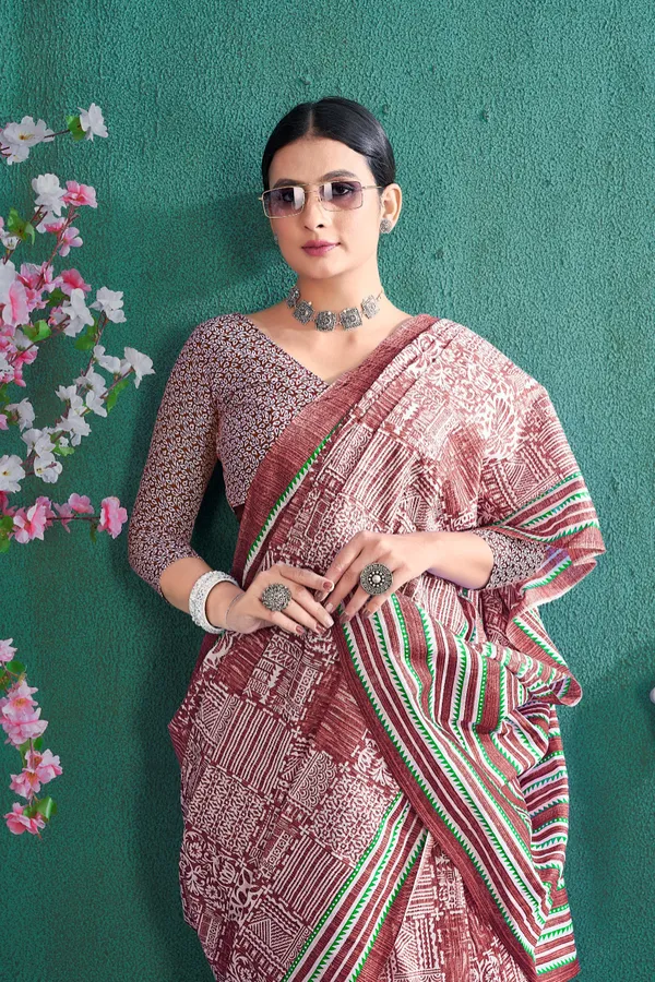 Ikkat_Print_Pure_Soft_Cotton_saree_With_Blouse_Piece