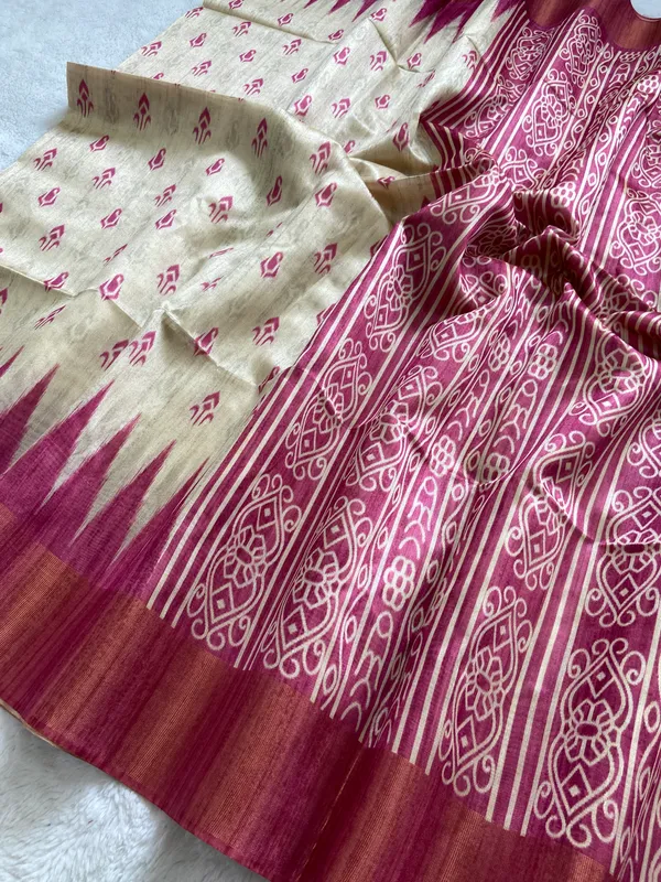Soft_Tussar_Silk_sarees_with_Beautiful_Print_With_Attractive_Border_And_Contrast_Print_Blouse_With_Tassels