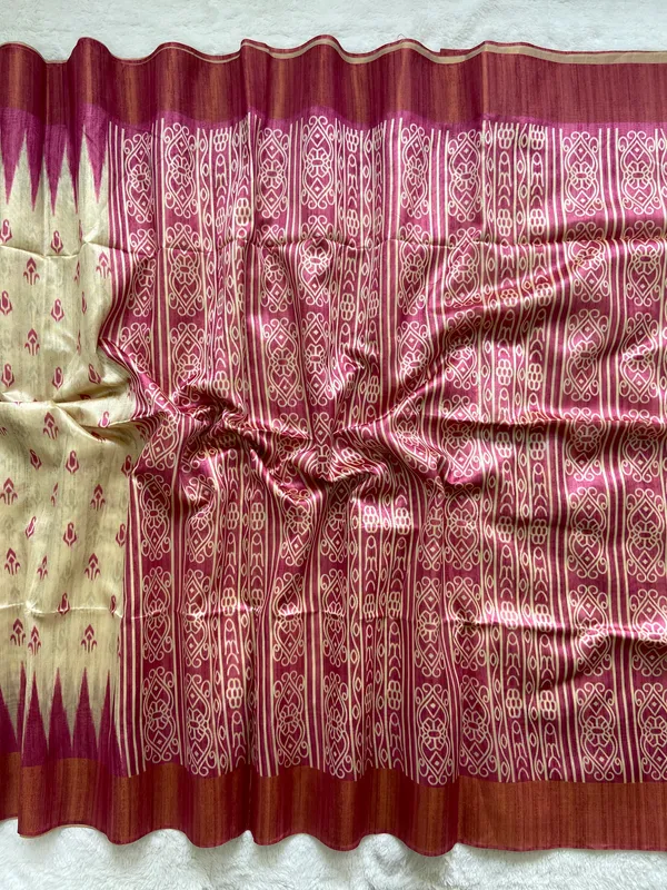 Soft_Tussar_Silk_sarees_with_Beautiful_Print_With_Attractive_Border_And_Contrast_Print_Blouse_With_Tassels
