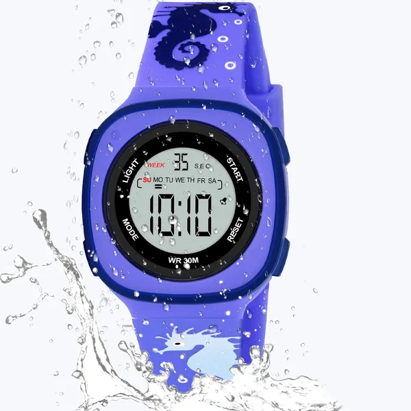UNCLE OWL Uncle Owl Cute Sea Horse Digital Kids Watch for 3 14 Year Old Boys and Girls Sport watch Multifunctional LED 30 M Waterproof Alarm Calendar Student Watch with Dark Blue Printed