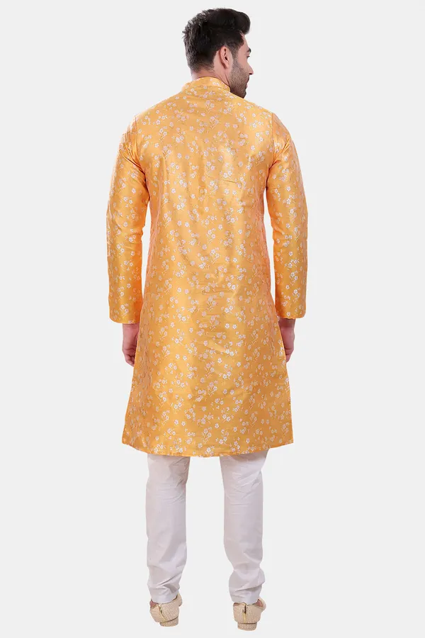 Floral_Print_Mustard_Yellow_Jacquard_Kurta_With_Paijama