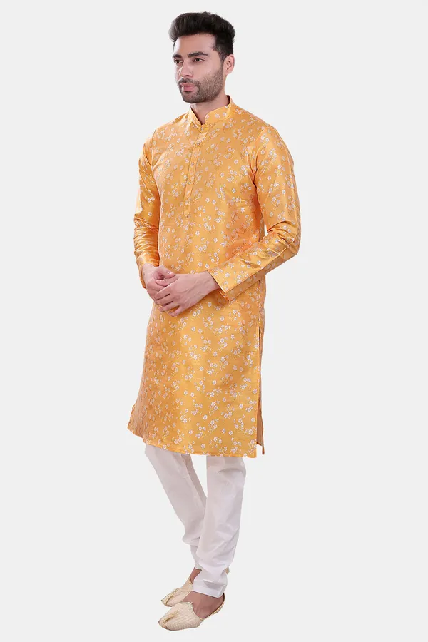 Floral_Print_Mustard_Yellow_Jacquard_Kurta_With_Paijama