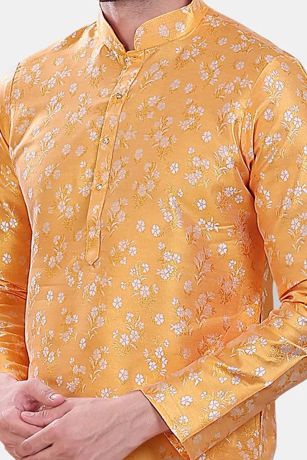 Floral_Print_Mustard_Yellow_Jacquard_Kurta_With_Paijama