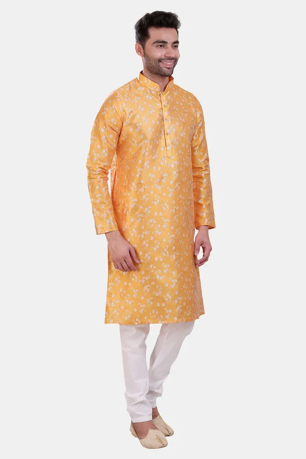 Floral_Print_Mustard_Yellow_Jacquard_Kurta_With_Paijama