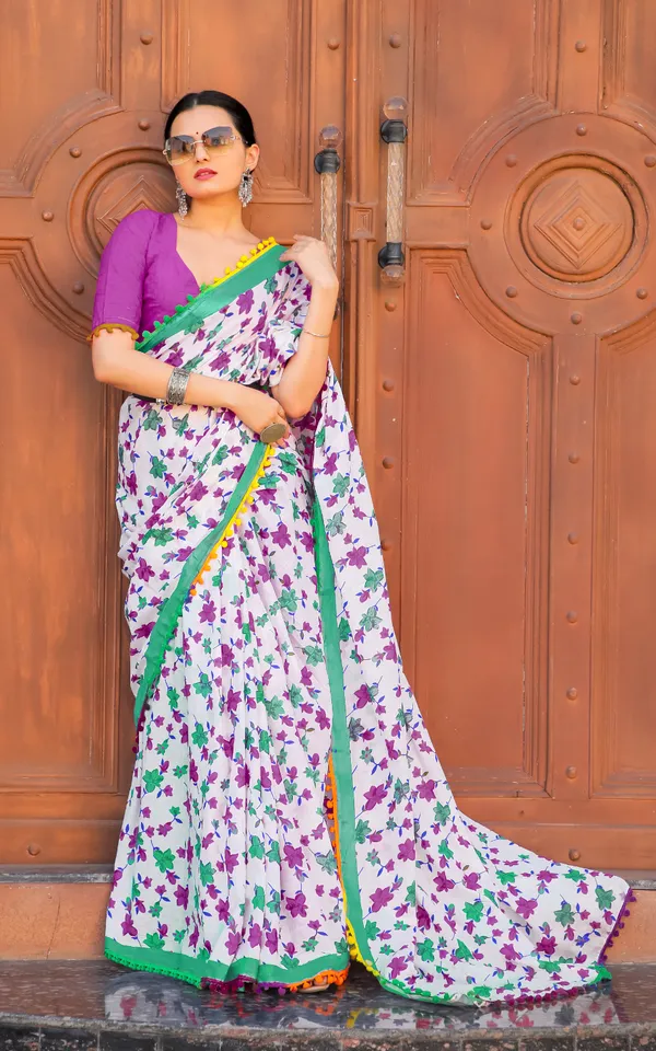 Ikkat_Print_Pure_Soft_Cotton_saree_With_Blouse_Piece