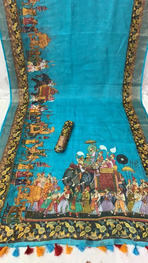 Blue_Linen_Saree_with_Kalamkari_Print_and_Unstitched_Blouse_Piece