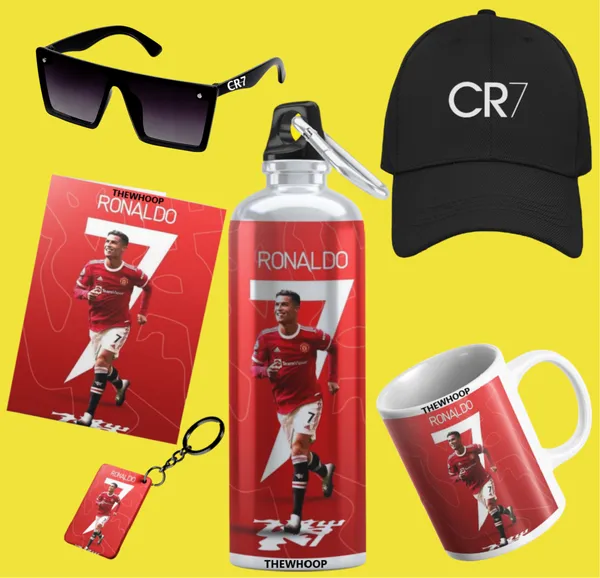 Combo_Pack_Of_6_Red_Printed_Cristiano_Ronaldo_Gift_|_Mug_(350Ml),_Sipper_Bottle_(750Ml),_Keychain,_Sunglass,_Cap,_Greeting_Card,_Birthday_Gift_Set_For_Cristiano_Ronaldo_Fans