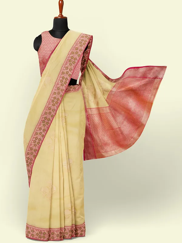 Beige_Cotton_Blend_Banarasi_Sarees_For_Women