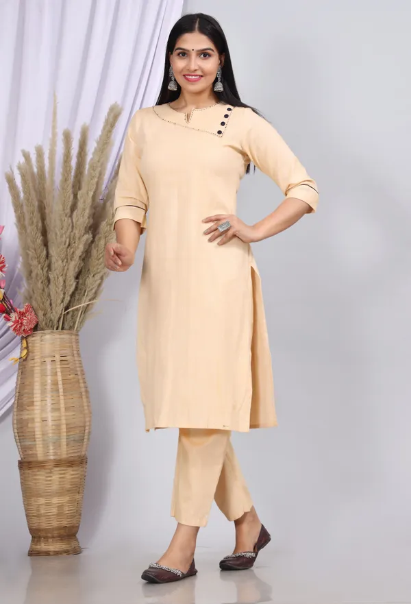 Cream_Khadi_Cotton_Printed_Casual_Wear_Kurta_And_Pant_For_Women