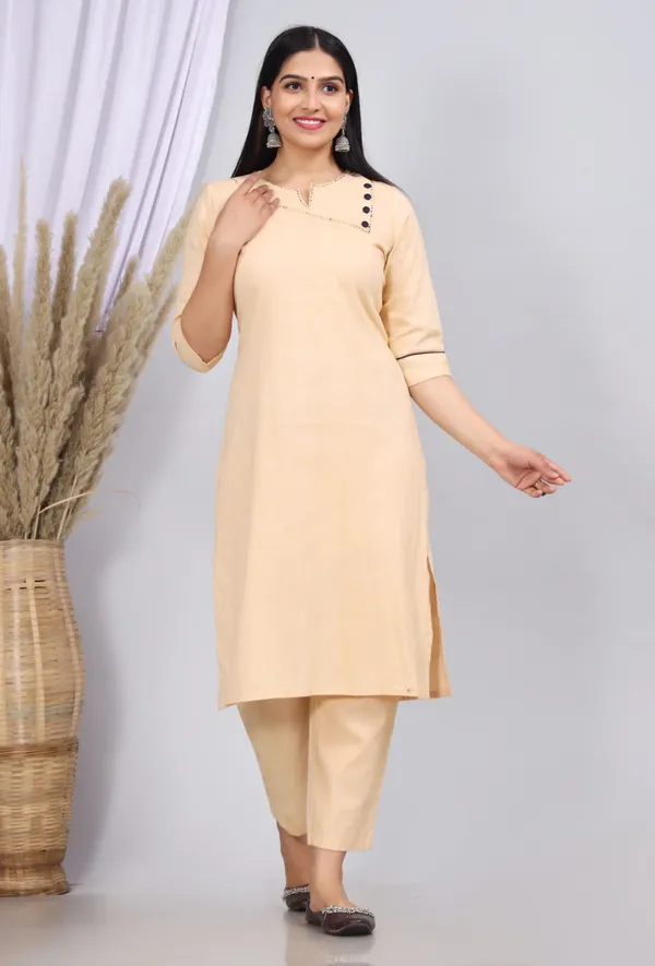 Cream_Khadi_Cotton_Printed_Casual_Wear_Kurta_And_Pant_For_Women