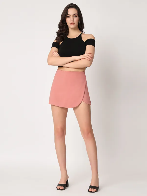 Zastraa_Pink_High_Waist_Scuba_Mini_Skorts