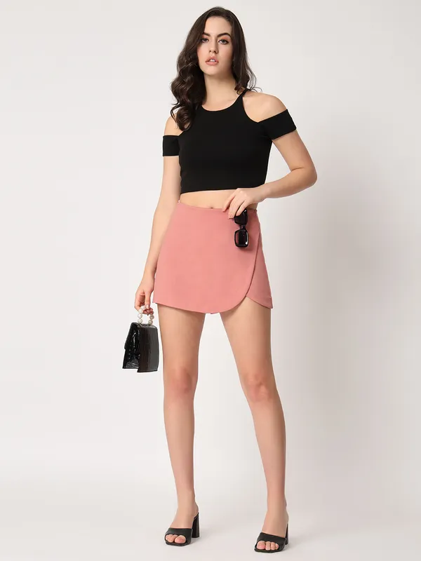 Zastraa_Pink_High_Waist_Scuba_Mini_Skorts