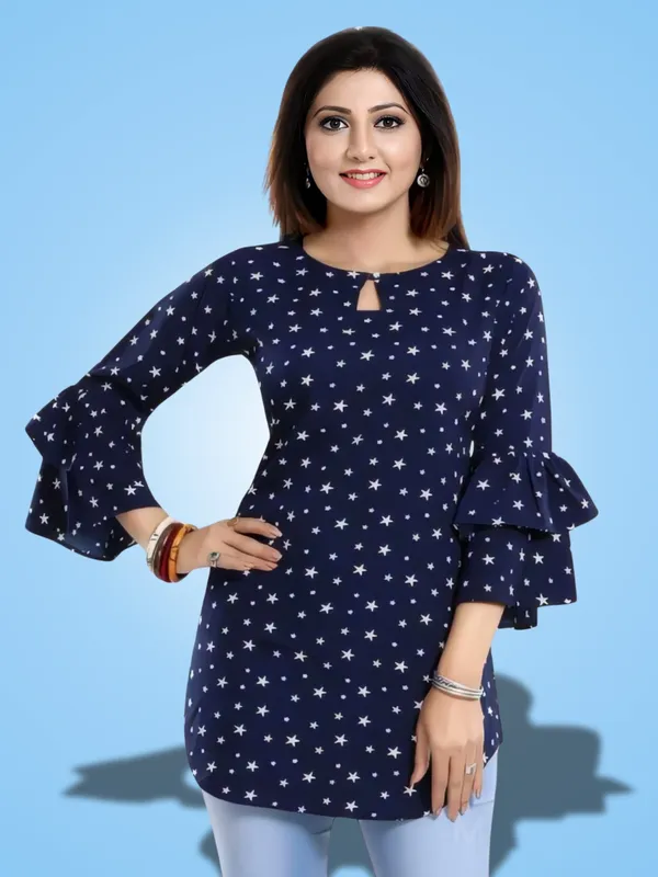 Blue_Crepe_Star_Printed_Keyhole_Neck_Tunic_Tops