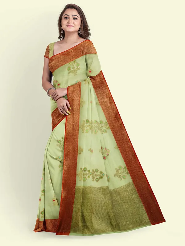 Green_Cotton_Blend_Banarasi_Sarees_For_Women