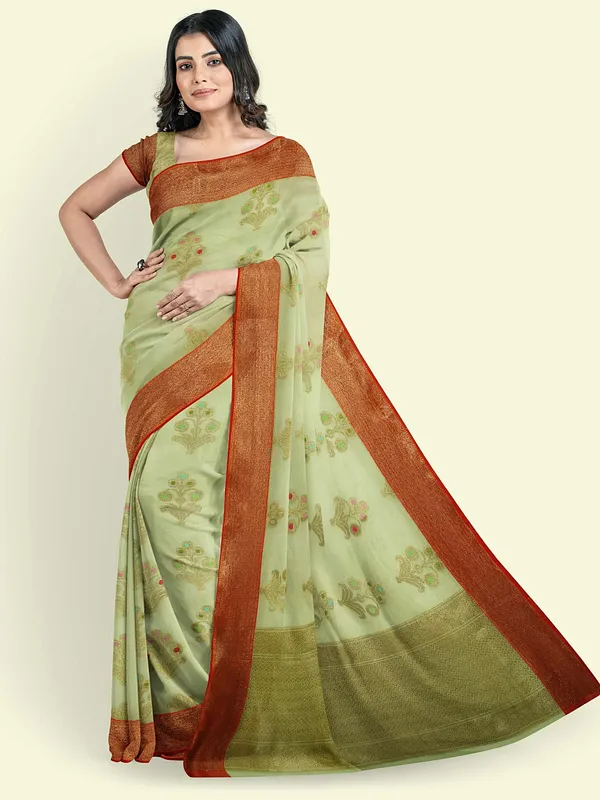 Green_Cotton_Blend_Banarasi_Sarees_For_Women