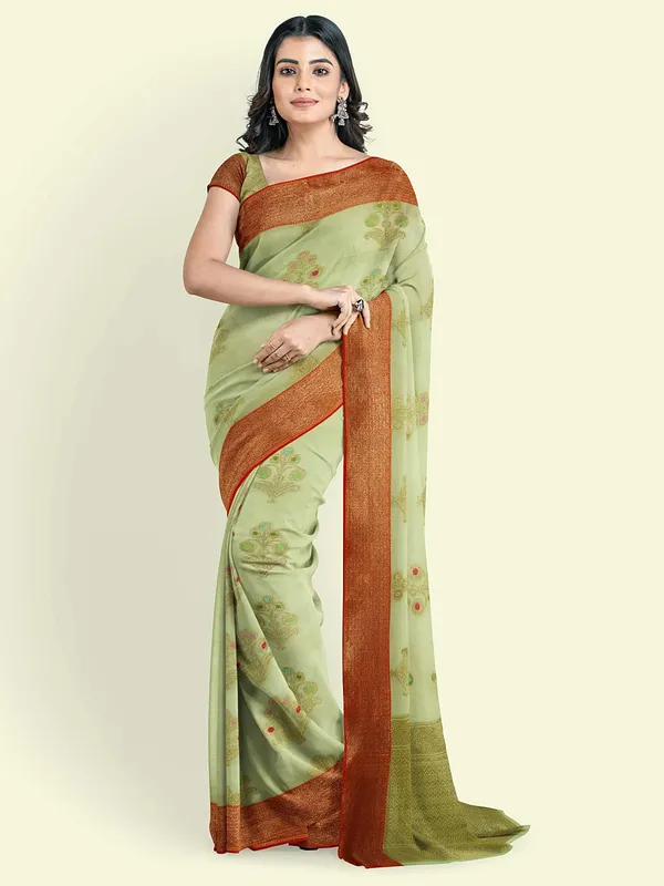 Green_Cotton_Blend_Banarasi_Sarees_For_Women
