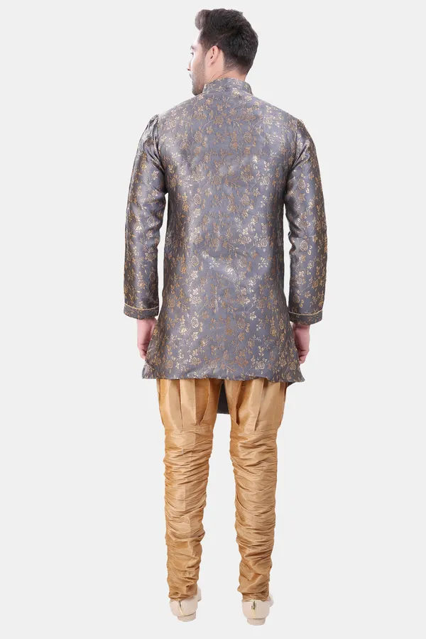 Floral_Print_Grey_Jacquard_Sherwani_With_Heram_Pant