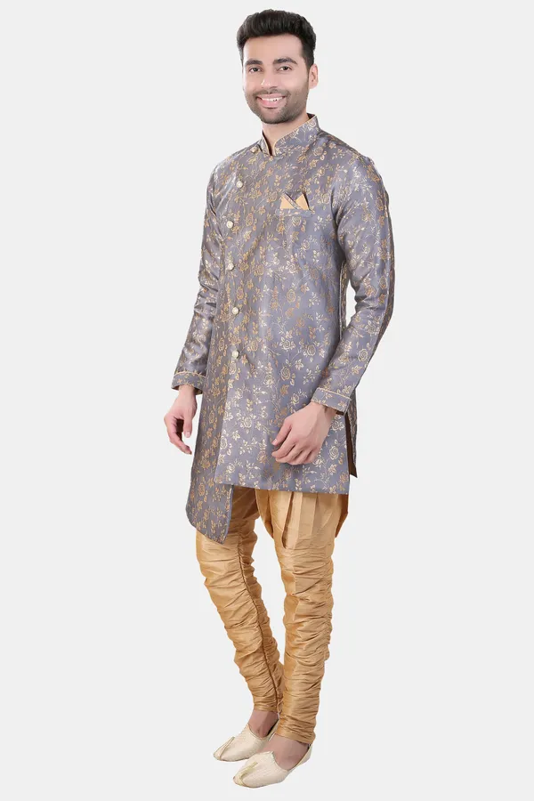 Floral_Print_Grey_Jacquard_Sherwani_With_Heram_Pant