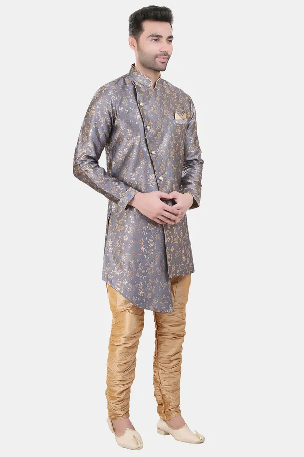 Floral_Print_Grey_Jacquard_Sherwani_With_Heram_Pant
