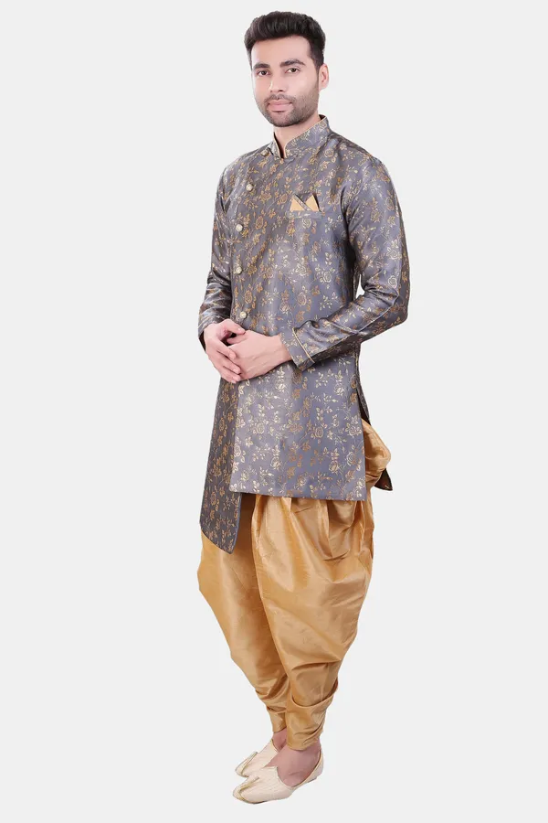 Floral_Print_Grey_Jacquard_Sherwani_With_Patiyala